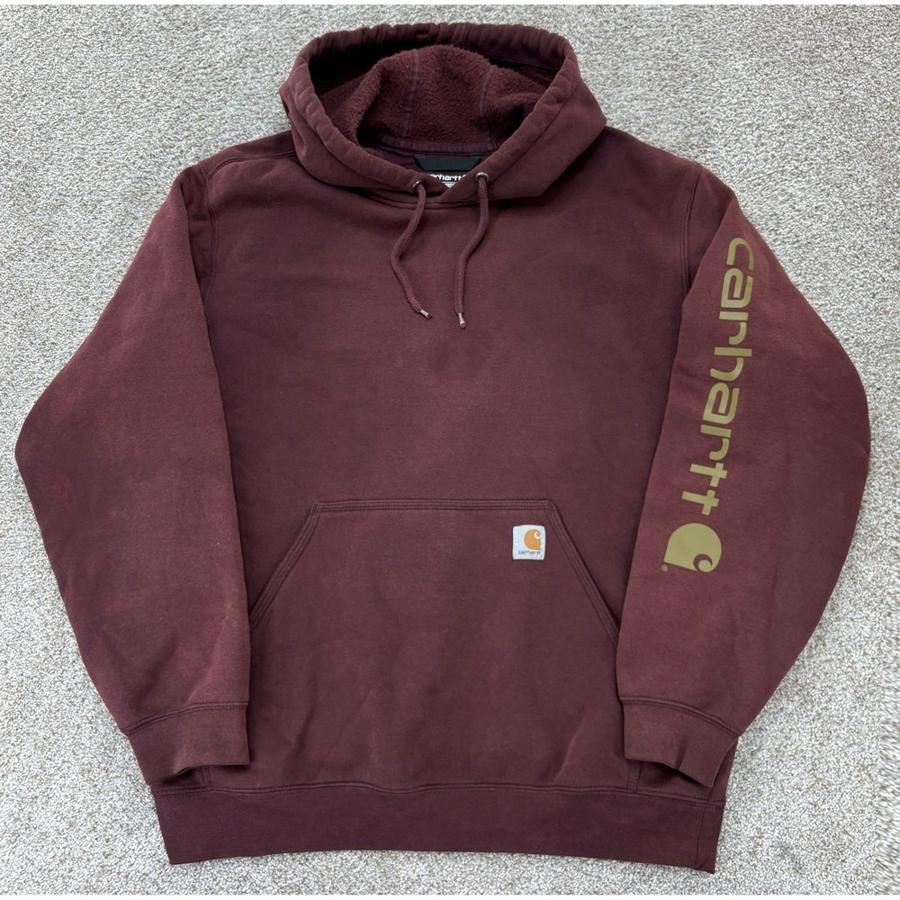 Carhartt Loose Fit Pullover Hoodie Logo Sleeve Mens Large Red Burgundy Workwear